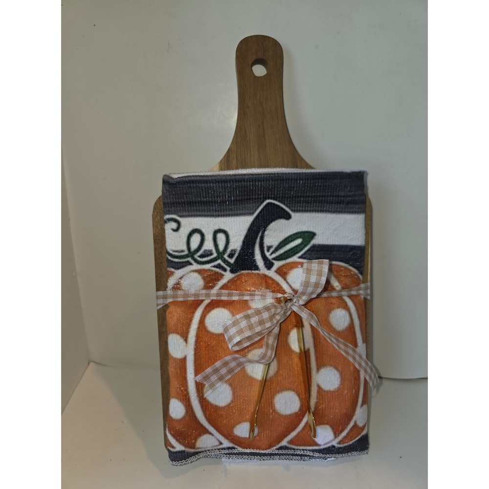 Fall Pumpkin Wood Cutting Board Tea Towel Gift Set Tongs 3pc